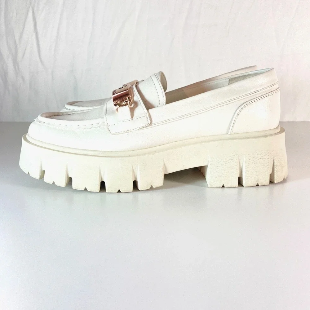 Y2k Guess Chunky Platform Loafer White Gold Buckle GBG Logo Heel Shoe Womens 8